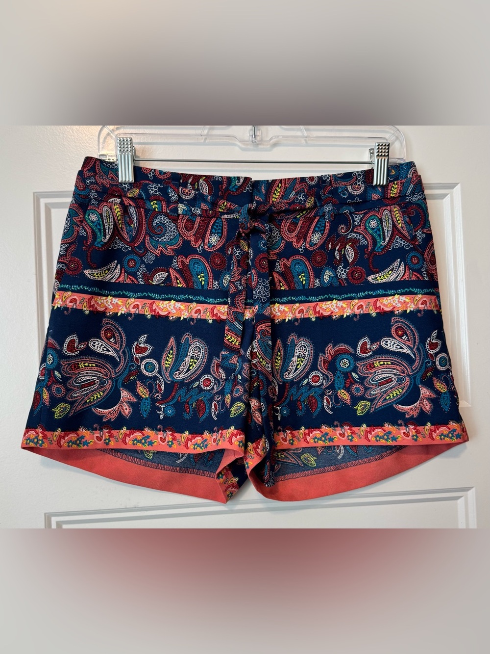 LOFT Paisley Print Tie Waist Shorts Navy Coral Size 0 Boho Summer - Picture 2 of 10